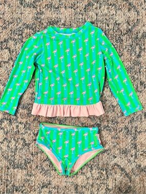Flamingo Ruffle Hem Long Sleeve Swim Set